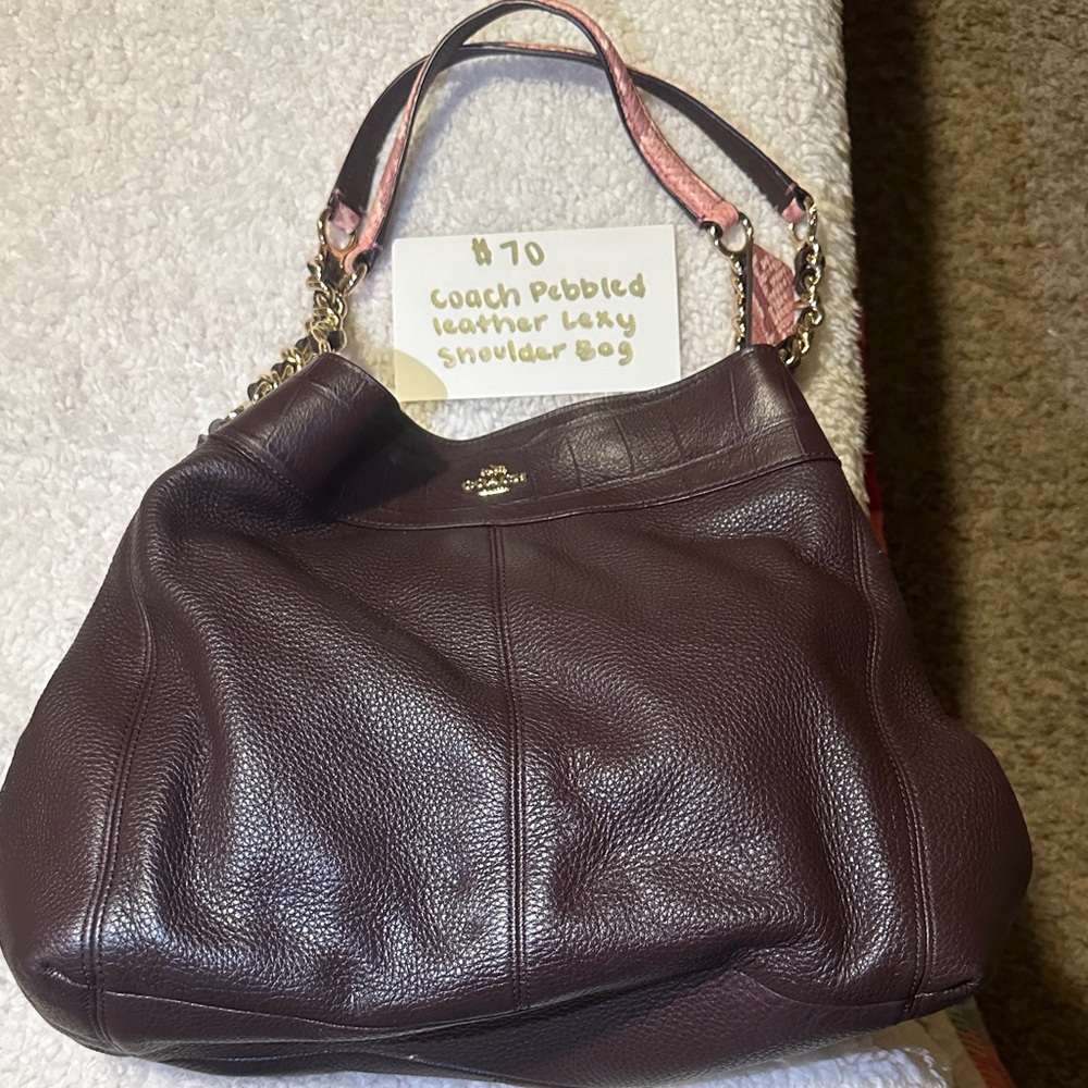 Coach Pebbled Leather Shoulder Bag - Dark Brown and Pink
